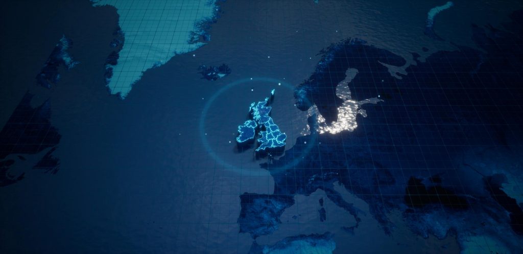 Digital world map highlighting the United Kingdom in blue with digital grid overlay, representing global digital design and marketing services.