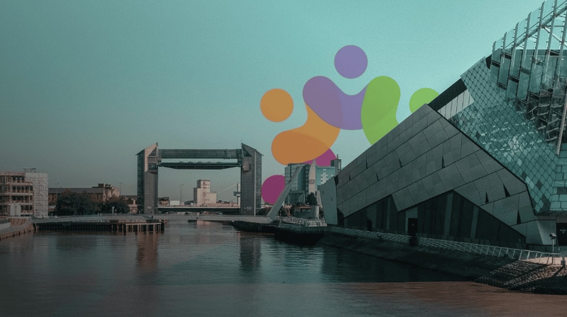 Hull’s waterfront skyline with colourful abstract brand shapes overlaid on the sky
