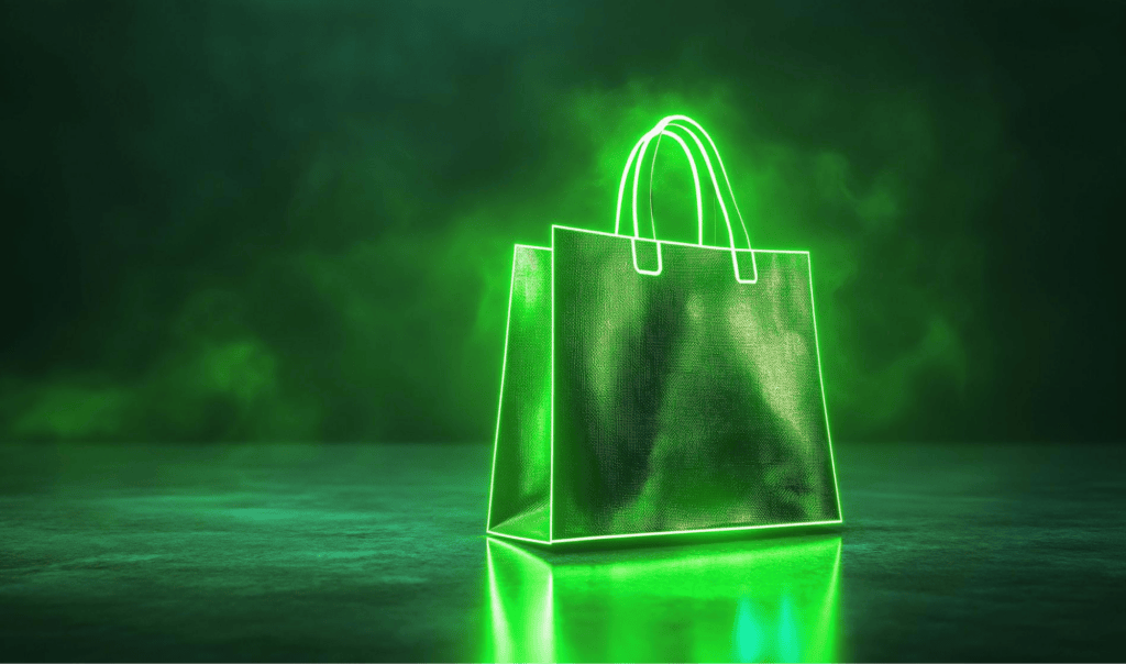 Futuristic neon green shopping bag glowing in a dark environment, symbolizing modern retail and eCommerce innovation.