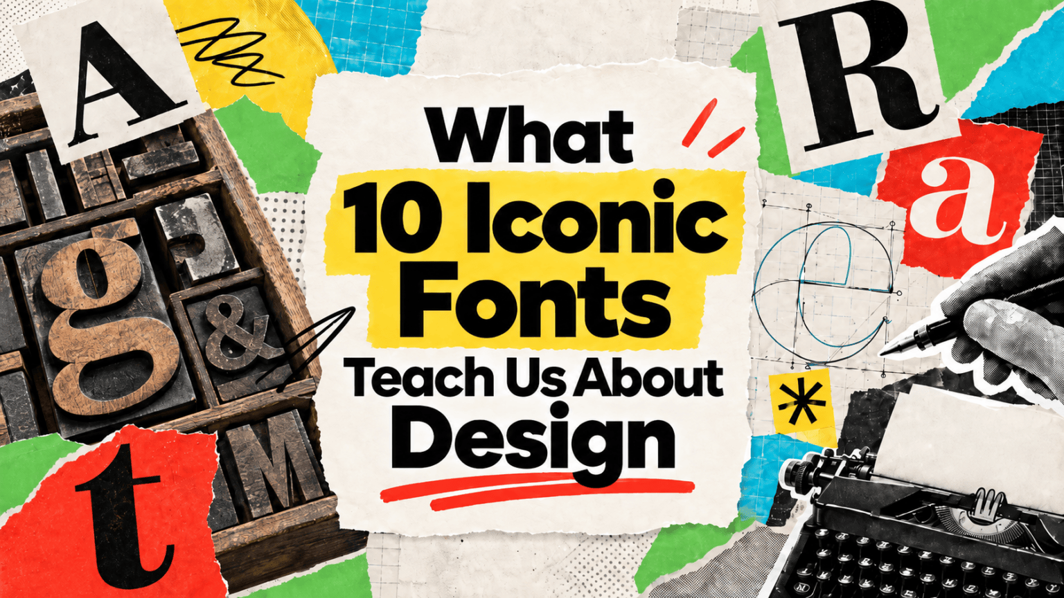 Colorful collage of various fonts and design elements illustrating the importance of typography in web design and branding.